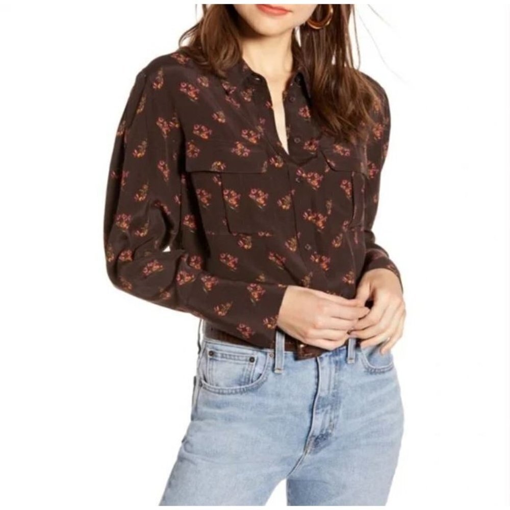 NEW/NWT Something Navy Brown Ganache Bohemian Floral Shirt Size Small
